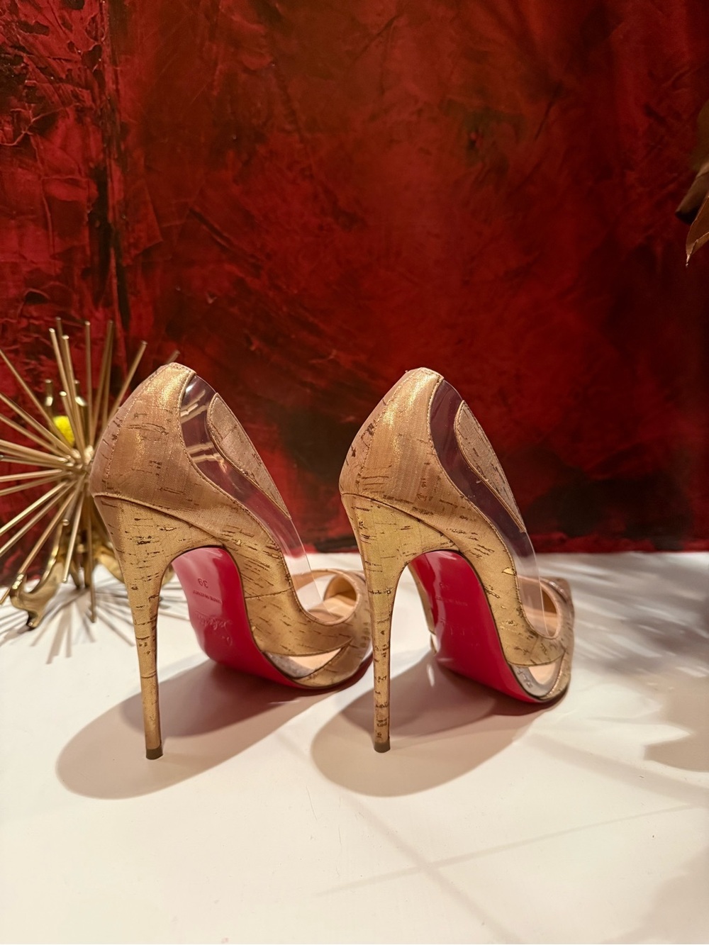 Christian Louboutin Nude Metallic Pointed-Toe Pumps with Clear Panels - Picture 2 of 5
